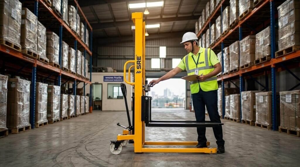 Engineer inspecting hydraulic stacker
