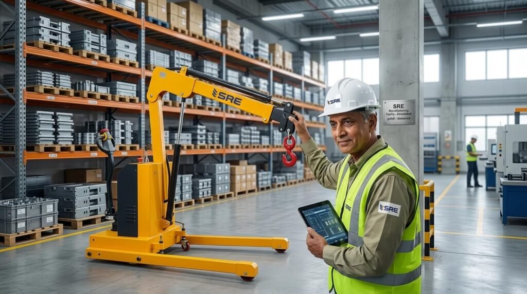 Engineer inspecting industrial Floor crane