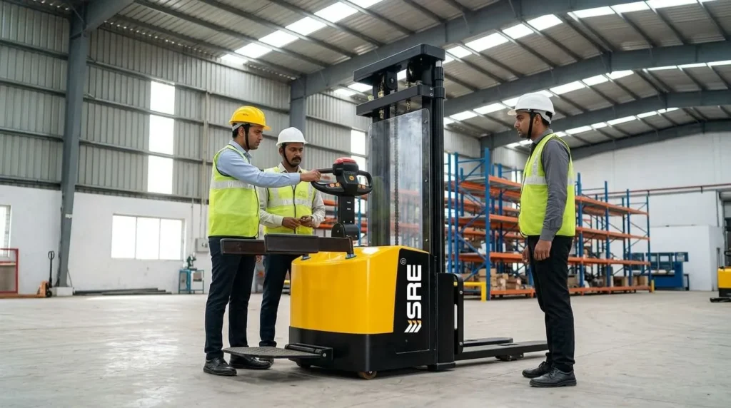 Engineers inspecting electric stacker