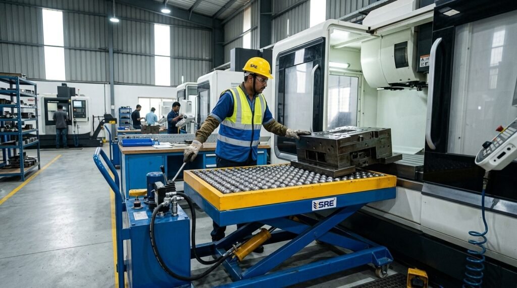 Worker shifting material on Pit Mounted