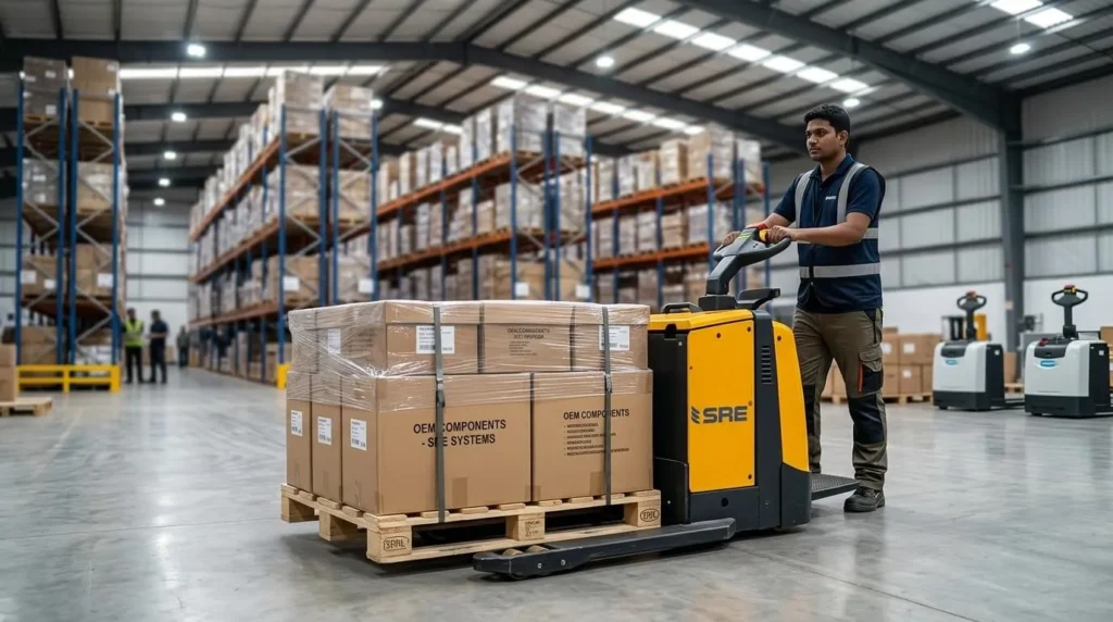 Indian warehouse worker moving pallet Truck