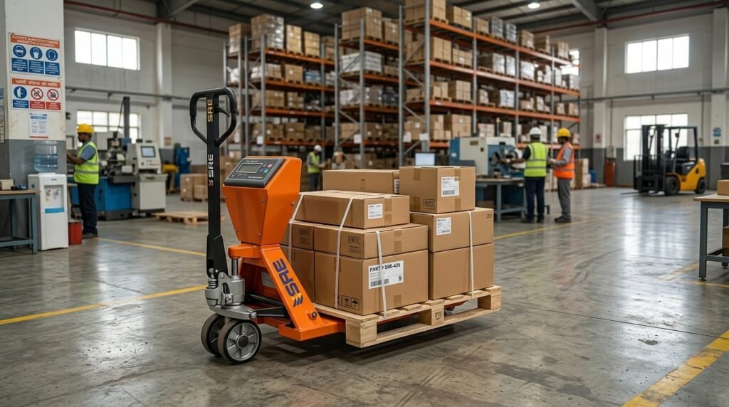 Manufacturing warehouse floor with pallet truck
