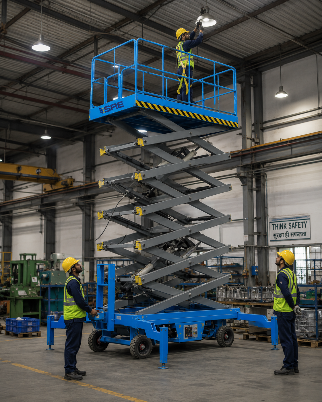 Man Repair bulb with help of Scissor Lift table