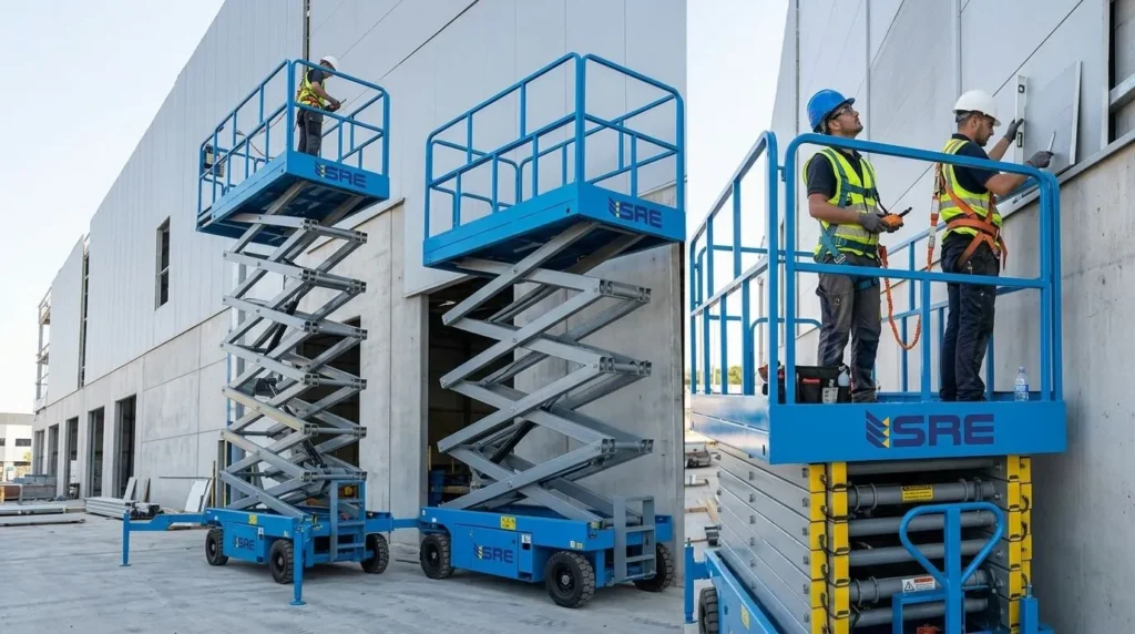 Two people using scissor lift