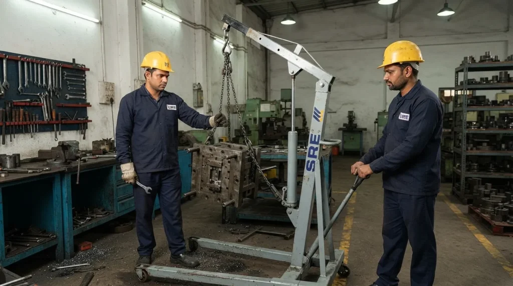 engineers testing mobile floor crane