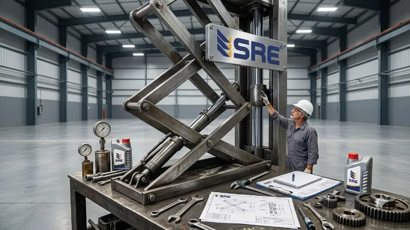 indian engineers inspecting hydraulic scissor lift components