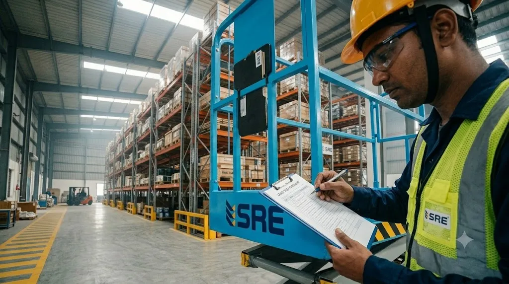 quality inspector reviewing scissor lift load test checklist