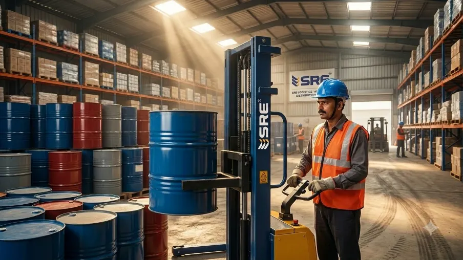 Hydraulic drum lifter in Ahmedabad warehouse