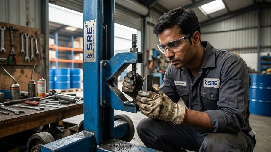 Engineer inspecting hydraulic drum lifter